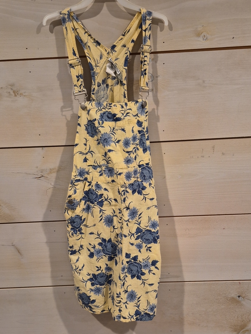 Key-Wear Size 10, Yellow Floral Denim Overall Dress, with Blue Rose Print